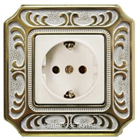 Fede Siena – Розетка 2к+з в сборе, рамка – gold white patina, вставка – белый